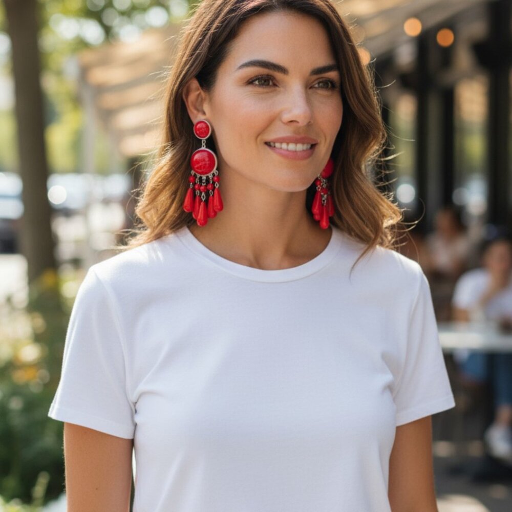Designer Ben-Amun Red Bead Resin Chandelier 31/2 inches Long Earrings